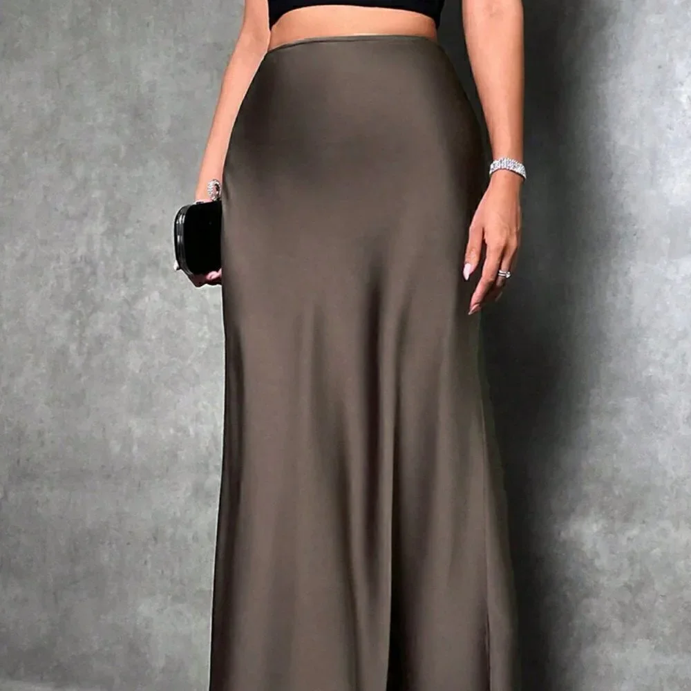 Brown Casual Womens Solid Maxi Satin Skirt